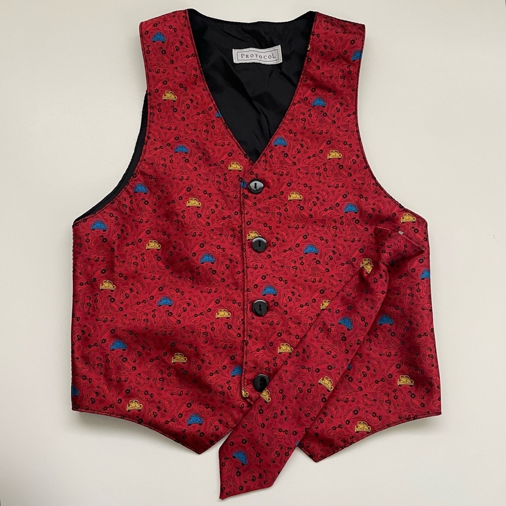 Vintage Boys Vest & Tie Matching Set Car Theme Graphic Kids Children’s Size 6X